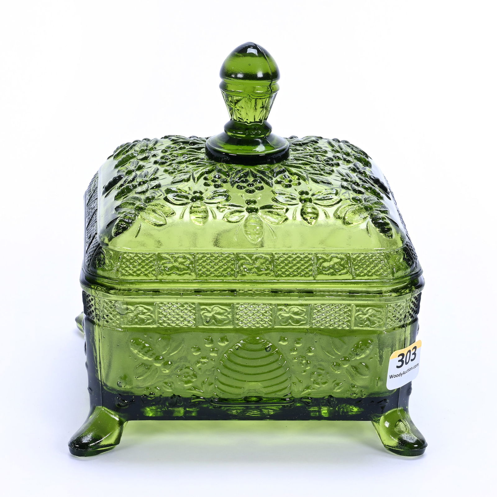 Square Covered Honey Dish With Splayed Feet, Solid Olive Green Pattern Glass (1 of 5)