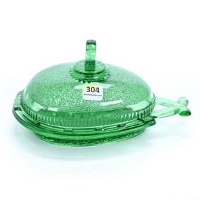 Covered Butter Dish, Horseshoe Shape, Solid Green Early American Pressed Glass
