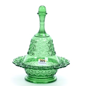 Covered Butter Dish, Bell Shape, Solid Green Pattern Glass By L.G. Wright
