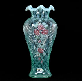 Vase, Fenton Green Opalescent Glass, Hand Painted Trellis Rose Design