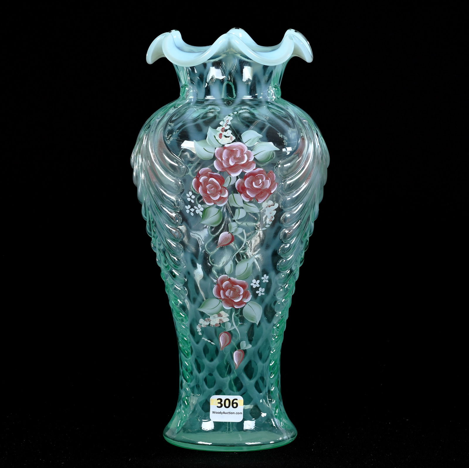 Vase, Fenton Green Opalescent Glass, Hand Painted Trellis Rose Design (1 of 4)