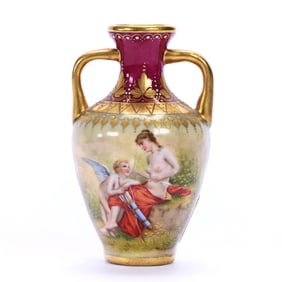 Miniature Vase, Two Handles, Royal Vienna Beehive Mark, Hand Painted Portrait Titled "Psyche"
