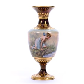 Pedestal Vase, Royal Vienna Beehive Mark, Hand Painted Scene Of Fairy Looking At Reflection