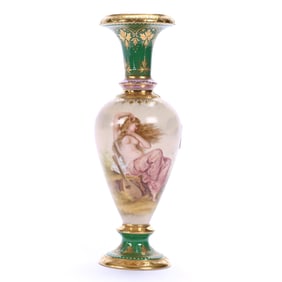 Pedestal Vase, Royal Vienna Beehive Mark, Hand Painted Scene Of Woman Near Mandolin