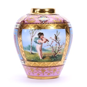 Vase, Royal Vienna Beehive Mark, Pink, Blue, And Maroon Tones, Hand Painted Scene Of Cherub And