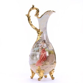 Footed Ewer, Royal Vienna Beehive Mark, Hand Painted Scene Of Two Cherubs Playing Cops
