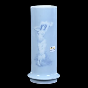 Cylinder Vase Marked Copenhagen, Blue And White Glaze With Woman And Cherubs Decor