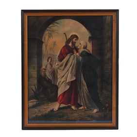 Framed Colored Lithograph, Christ Taking Leave Of His Mother, Original Frame