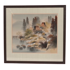 Framed Oriental Print On Silk, Village And Fisherman Scene