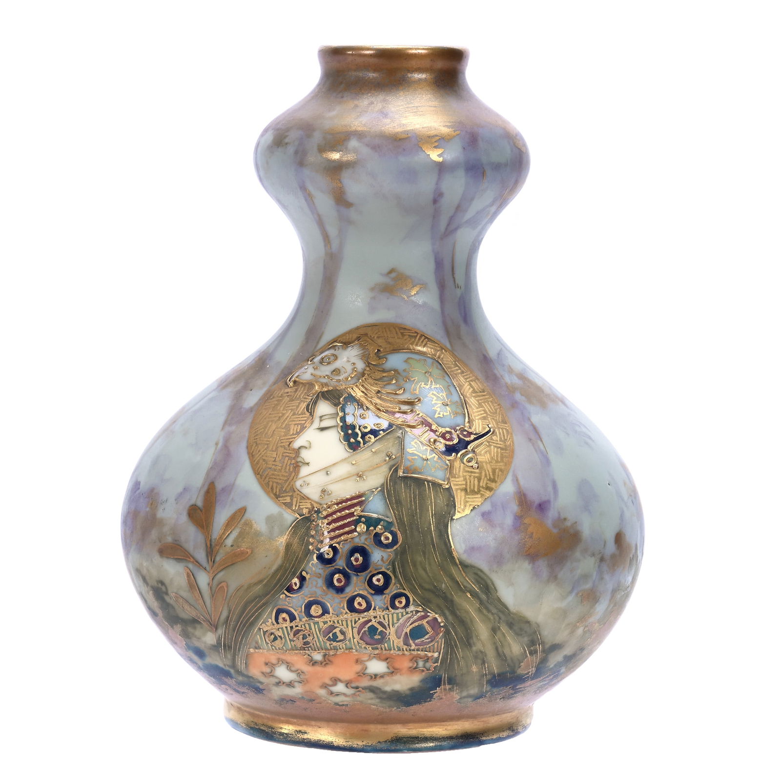 Gourd Shaped Vase, Marked Turn Teplitz, Amphora: Gourd Shaped Vase, Marked Turn Teplitz, Amphora, 6" x 4.5", Art Deco Scene Of Woman In Woods, Nice Colors, Joan Steskal Collection, CA