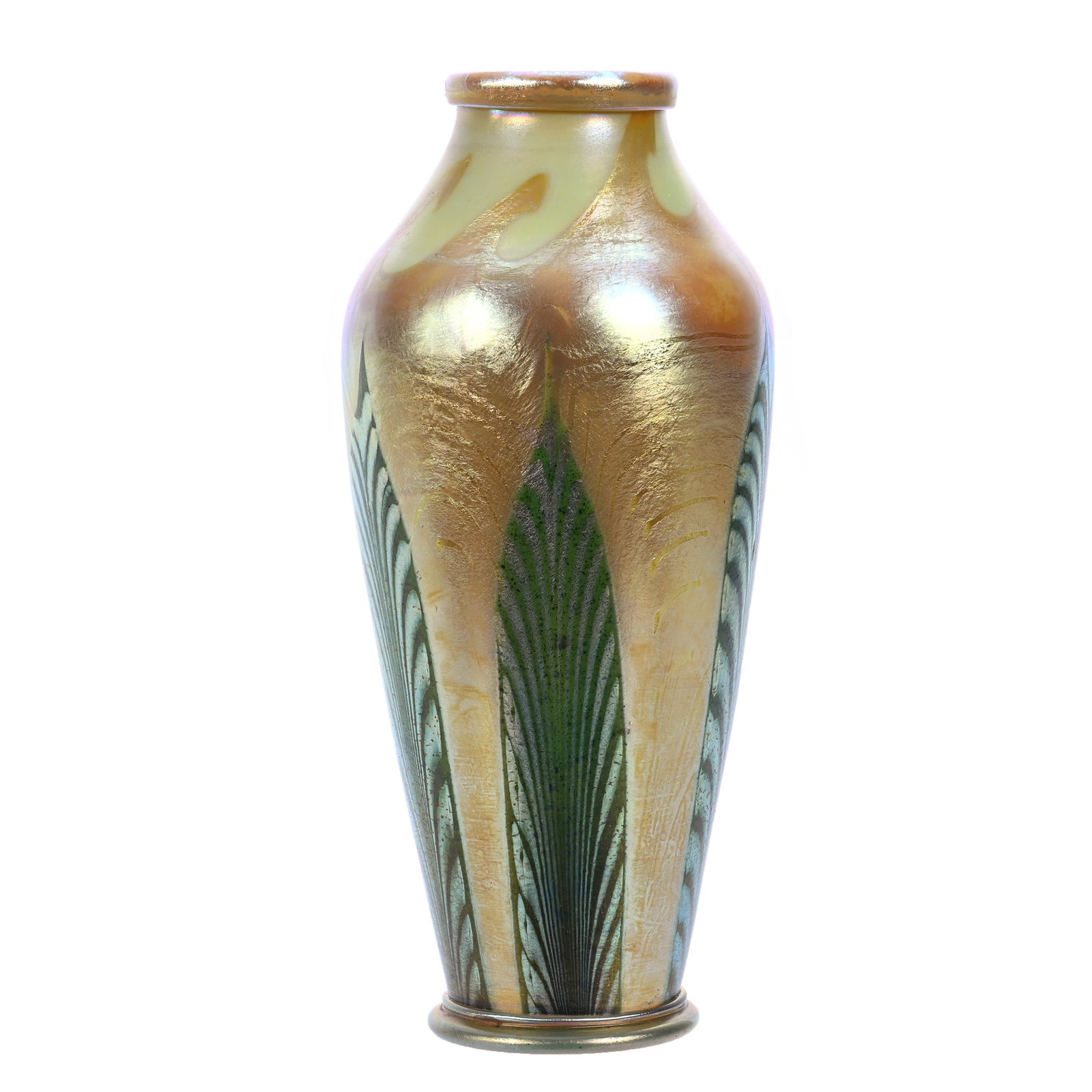 Vase, Marked L.C.T., Beautifully Decorated Tiffany Art Glass: Vase, Marked L.C.T., Beautifully Decorated Tiffany Art Glass, 7" x 3.25", Gold Iridescent With Pulled Green Feather Decor, Nice Example, Joan Steskal Collection, CA