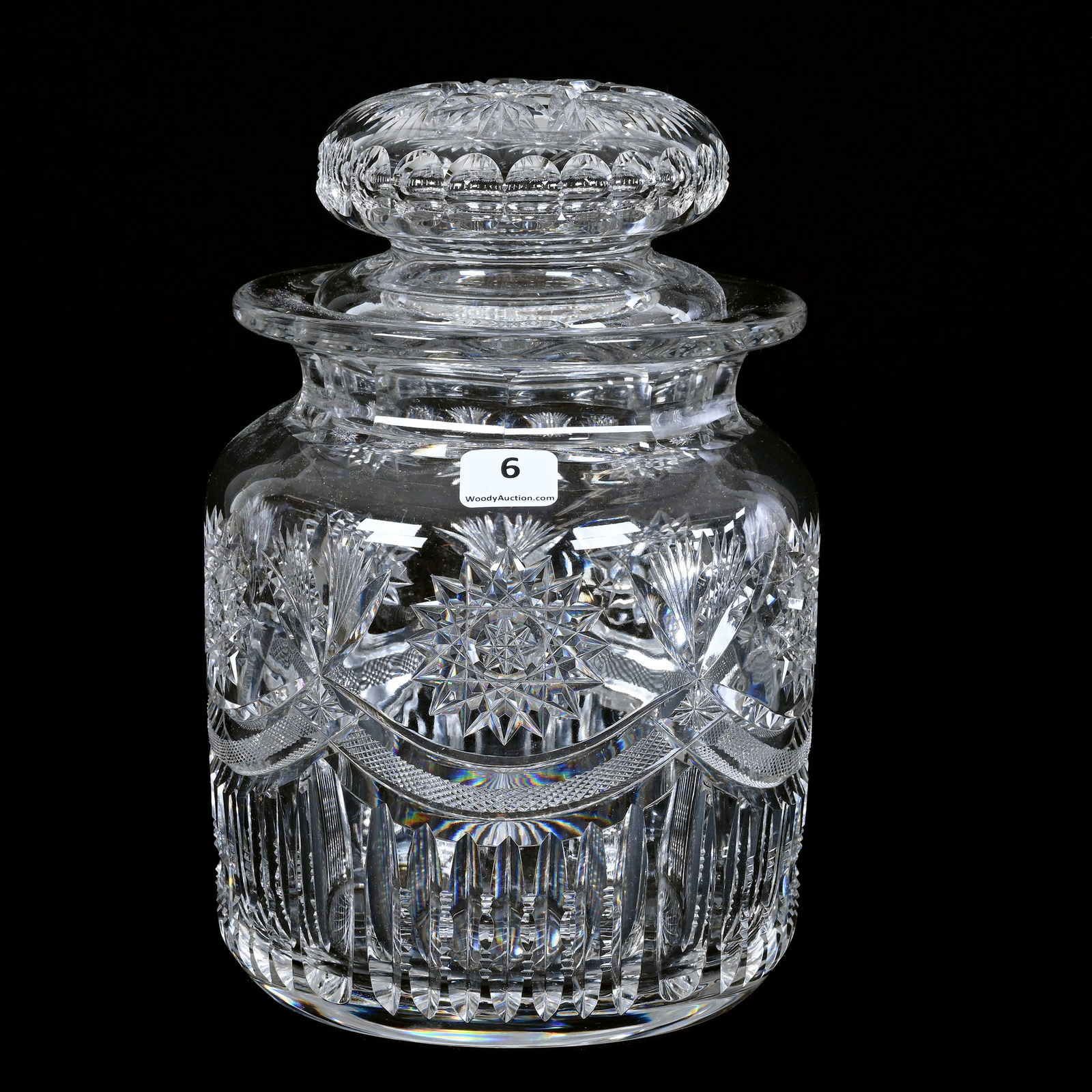 Humidor, American Brilliant Cut Glass, Cut In Hobstar, Prism, Drape & Fan Motif: Humidor, American Brilliant Cut Glass, Cut In Hobstar, Prism, Drape & Fan Motif, 8.75" x 5.75", Flashed Hobstar Lid, Ray Cut Base - Extra Clear Blank!, Ed Kukla Estate Collection, MI