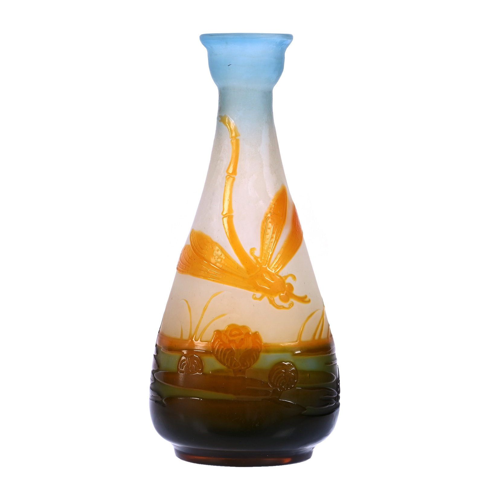 Vase, Signed *Galle, French Cameo Art Glass: Vase, Signed *Galle, French Cameo Art Glass, 7.25" x 3.25" x 3", Excellent Wheel Carved Dragonfly And Waterlily Decor, Four Color, Nice Example, Private Illinois Collection