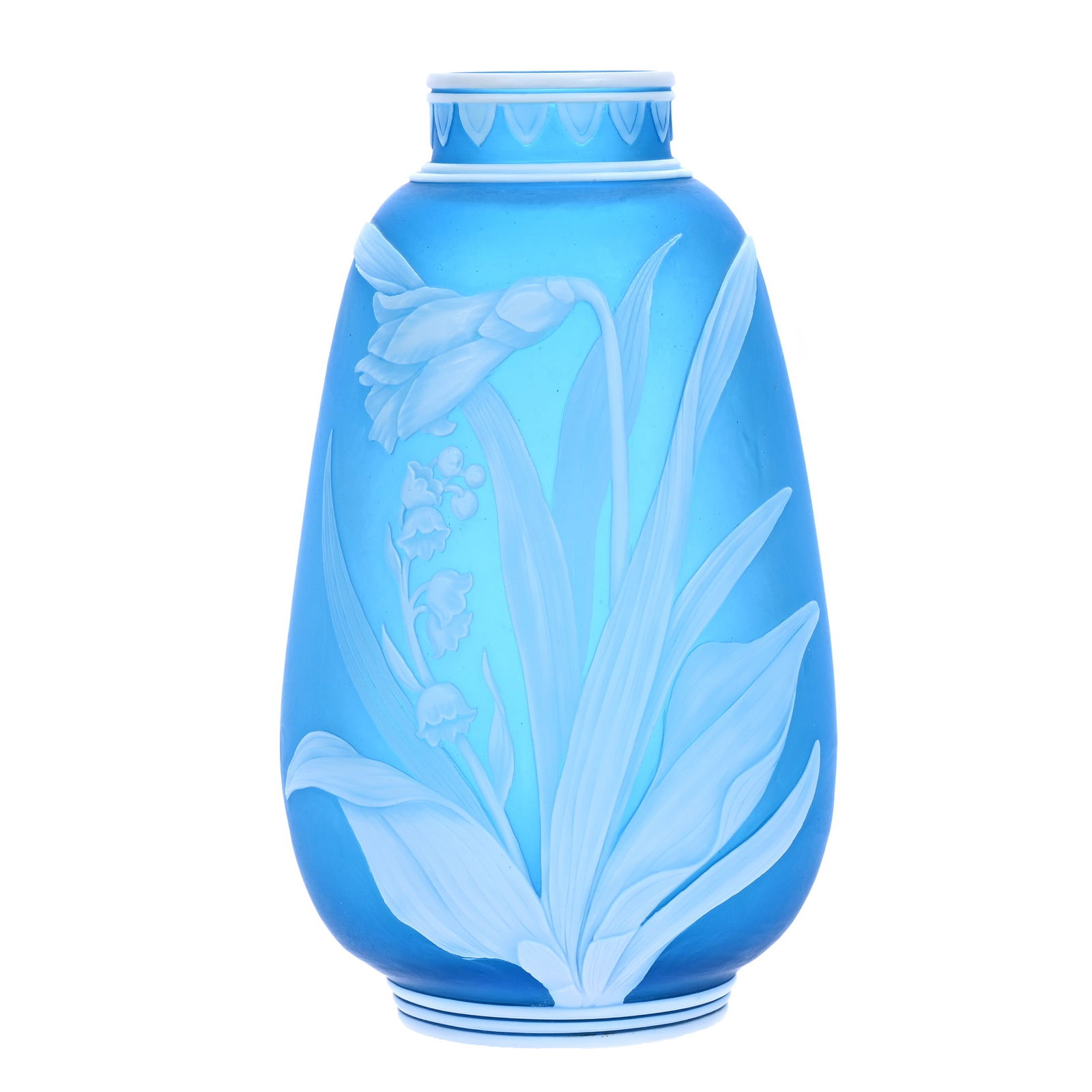 Vase, Signed Thomas Webb & Sons World Exhibition 1889: Vase, Signed Thomas Webb & Sons World Exhibition 1889, 6.75" x 3.75", Blue With White Overlay, English Cameo Art Glass, Floral And Butterfly Decor, Made For Tiffany & Co. , Joan Steskal Collection, CA