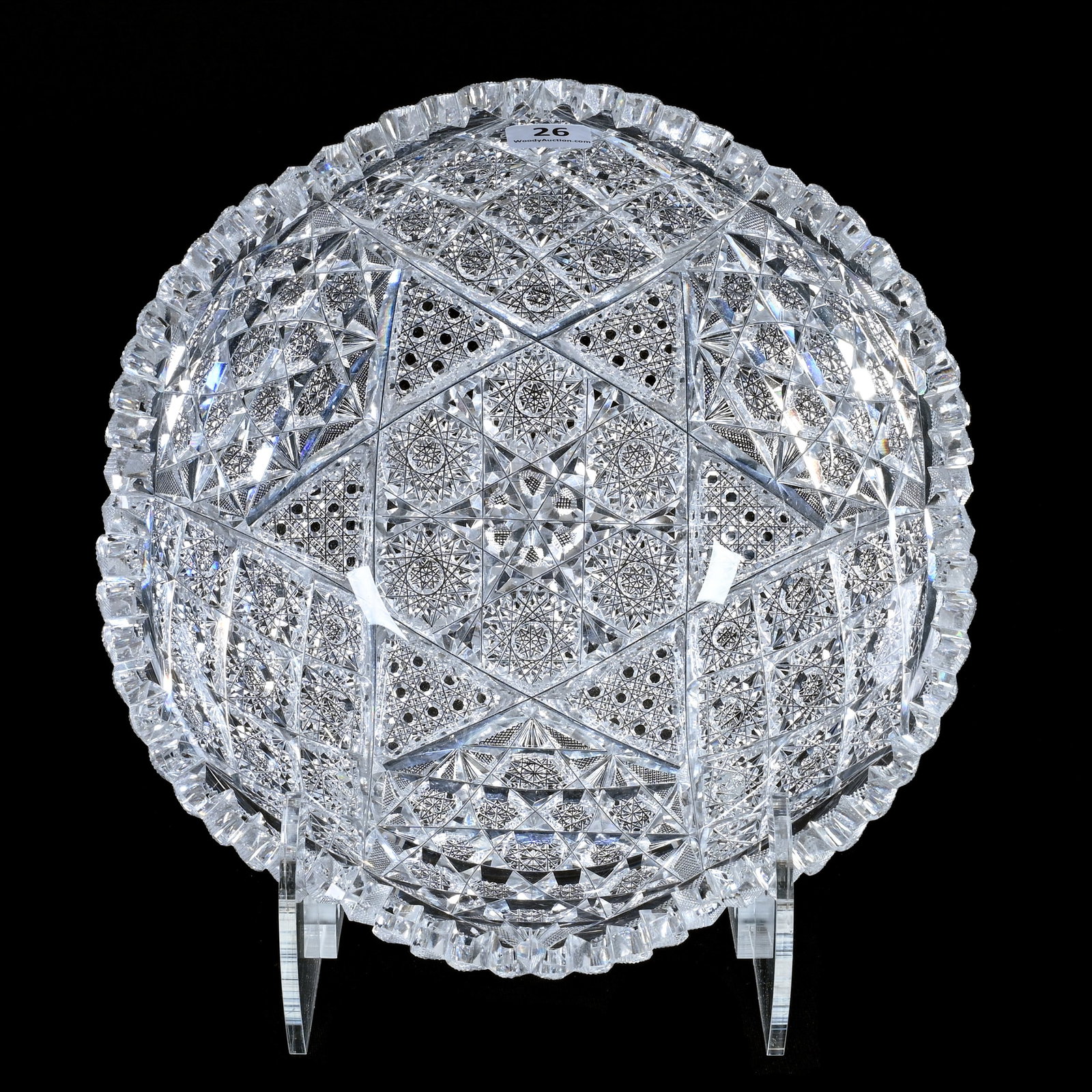 Bowl, American Brilliant Cut Glass, Signed With Libbey Blank Star Mark, Cut In A Wonderful Cluster M: Bowl, American Brilliant Cut Glass, Signed With Libbey Blank Star Mark, Cut In A Wonderful Cluster Motif With Crosshatch Border, 4" x 9.25", , Ed Kukla Estate Collection, MI