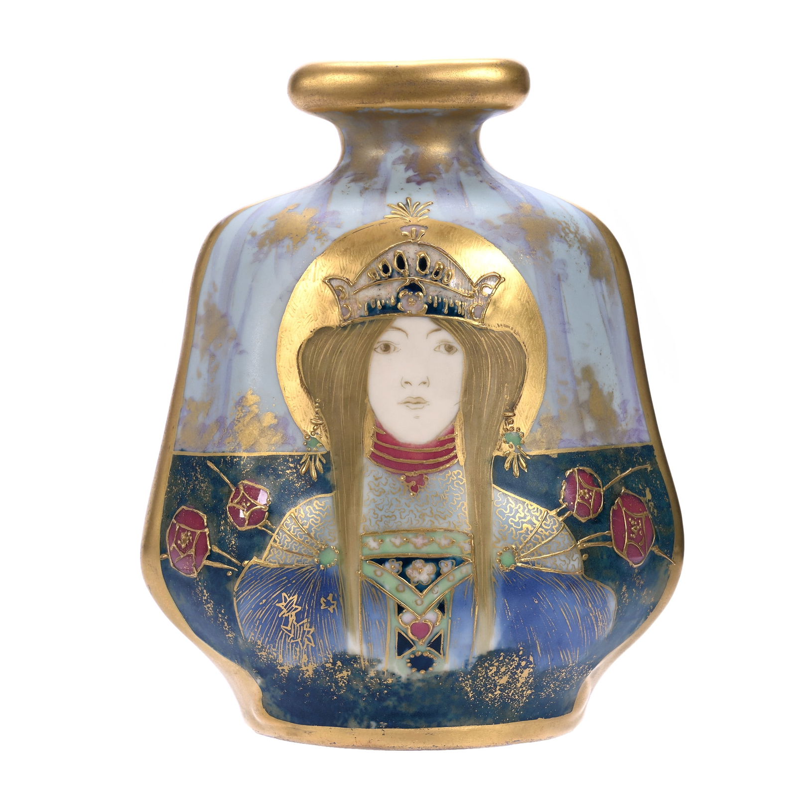 Vase, Marked Turn Teplitz, Amphora: Vase, Marked Turn Teplitz, Amphora, 6" x 4.75" x 3.5", Art Deco Design Of Woman With Red Rose Highlights, Excellent Gold, Joan Steskal Collection, CA