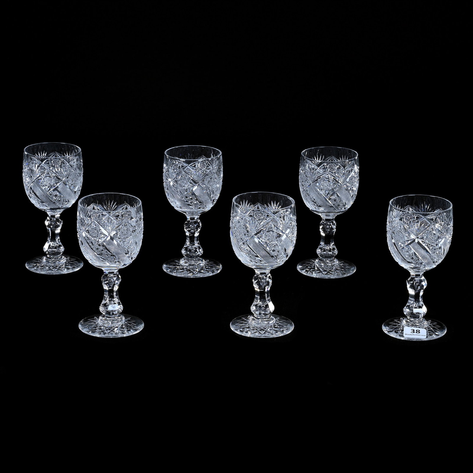 (6) Wine Stems, ABCG, Elmira 15 1/2 Pattern: (6) Wine Stems, ABCG, Elmira 15 1/2 Pattern, 5.125" x 2.5", Double Teardrop Stem, Hobstar Foot, One With Foot Bruise, Ed Kukla Estate Collection, MI