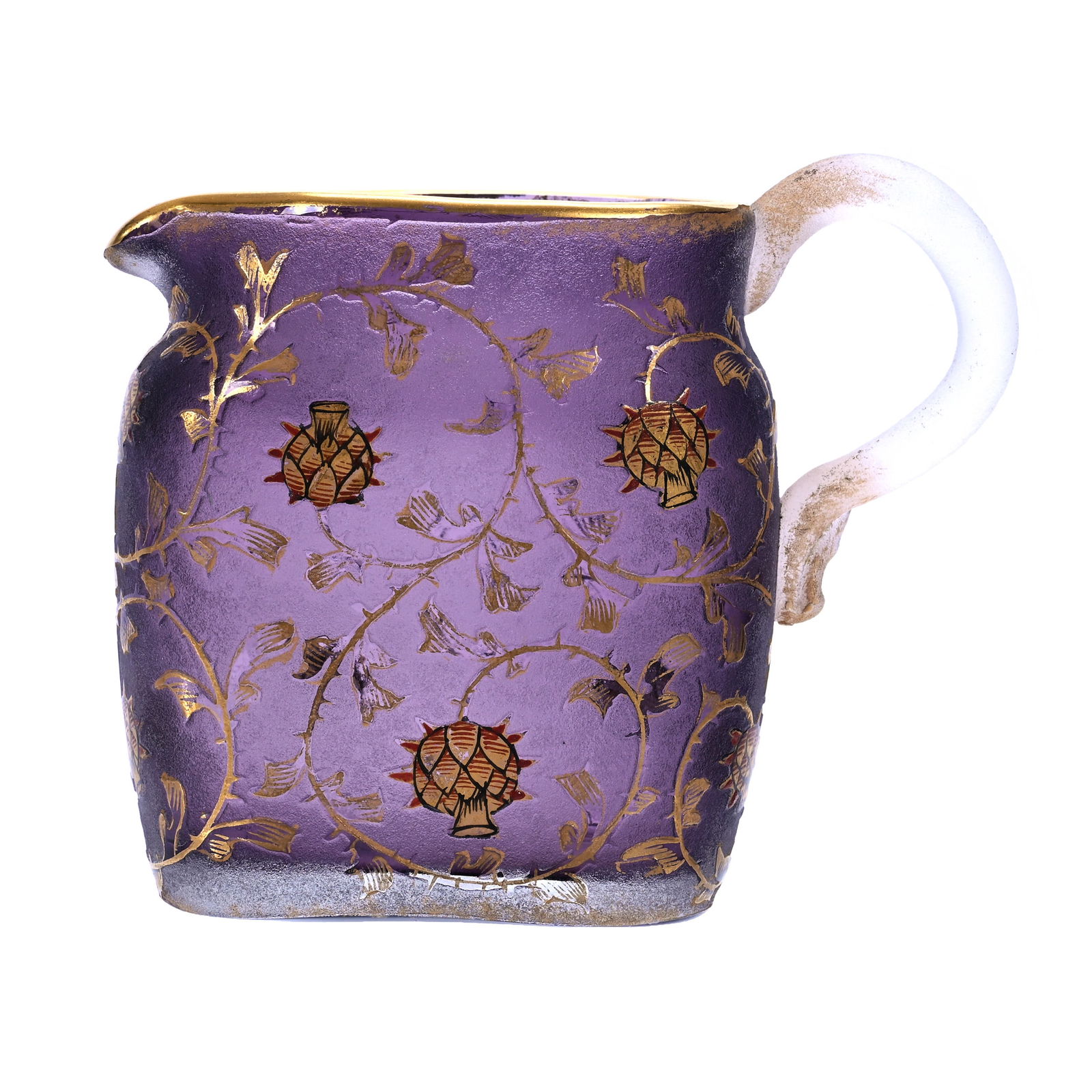 Diminutive Pitcher, Signed Daum Nancy, French Cameo Art Glass: Diminutive Pitcher, Signed Daum Nancy, French Cameo Art Glass, 2.75" x 3.25" x 1.25", Amethyst Colored Body With Swirled Thistle Design, Gold Stencil Highlights, Applied Frosted Handle, Joan Steskal C
