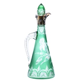 Handled Decanter, BPCG, Green Cut To Clear, By Stevens And Williams