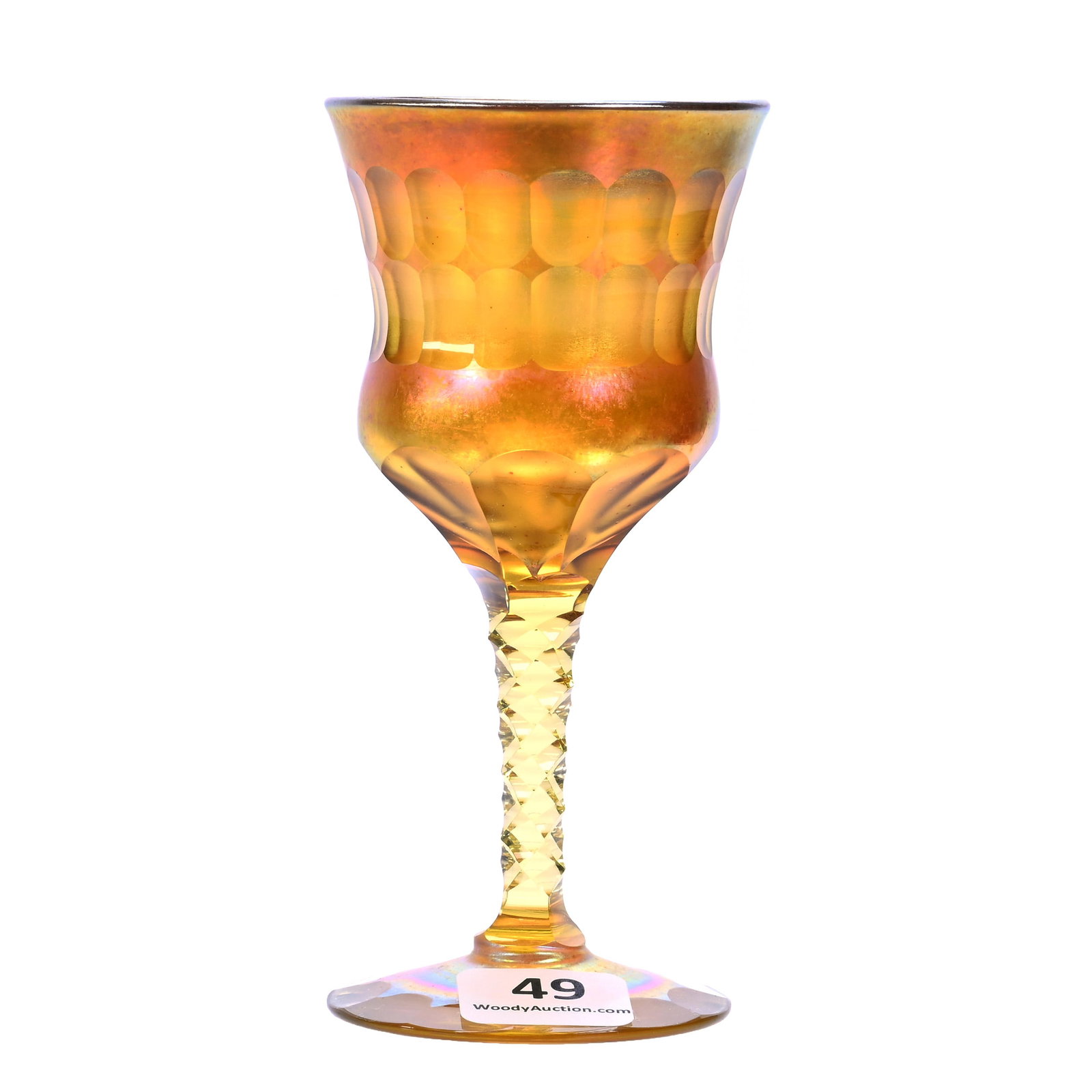 Wine Stem, Signed L.C.T. Favrile #1199: Wine Stem, Signed L.C.T. Favrile #1199, 4.75" x 2.25", Gold Iridescent Art Glass By Tiffany, Diamond Cut Stem With Cut Punty Bowl And Foot, Joan Steskal Collection, CA