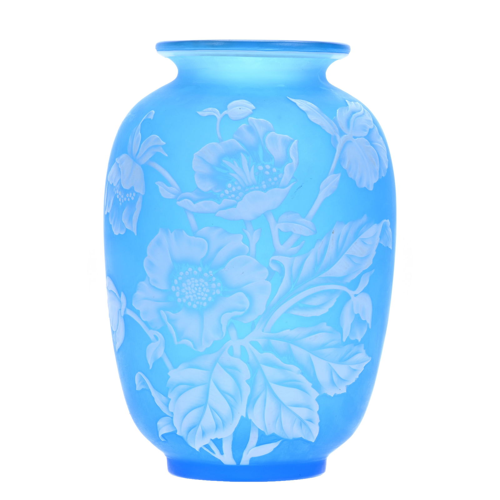 Vase, English Cameo Art Glass Signed Stevens & Williams, Stourbridge: Vase, English Cameo Art Glass Signed Stevens & Williams, Stourbridge, 7" x 4.75", Wonderful Blue Background With White Cut Back Floral Overlay, Joan Steskal Collection, CA