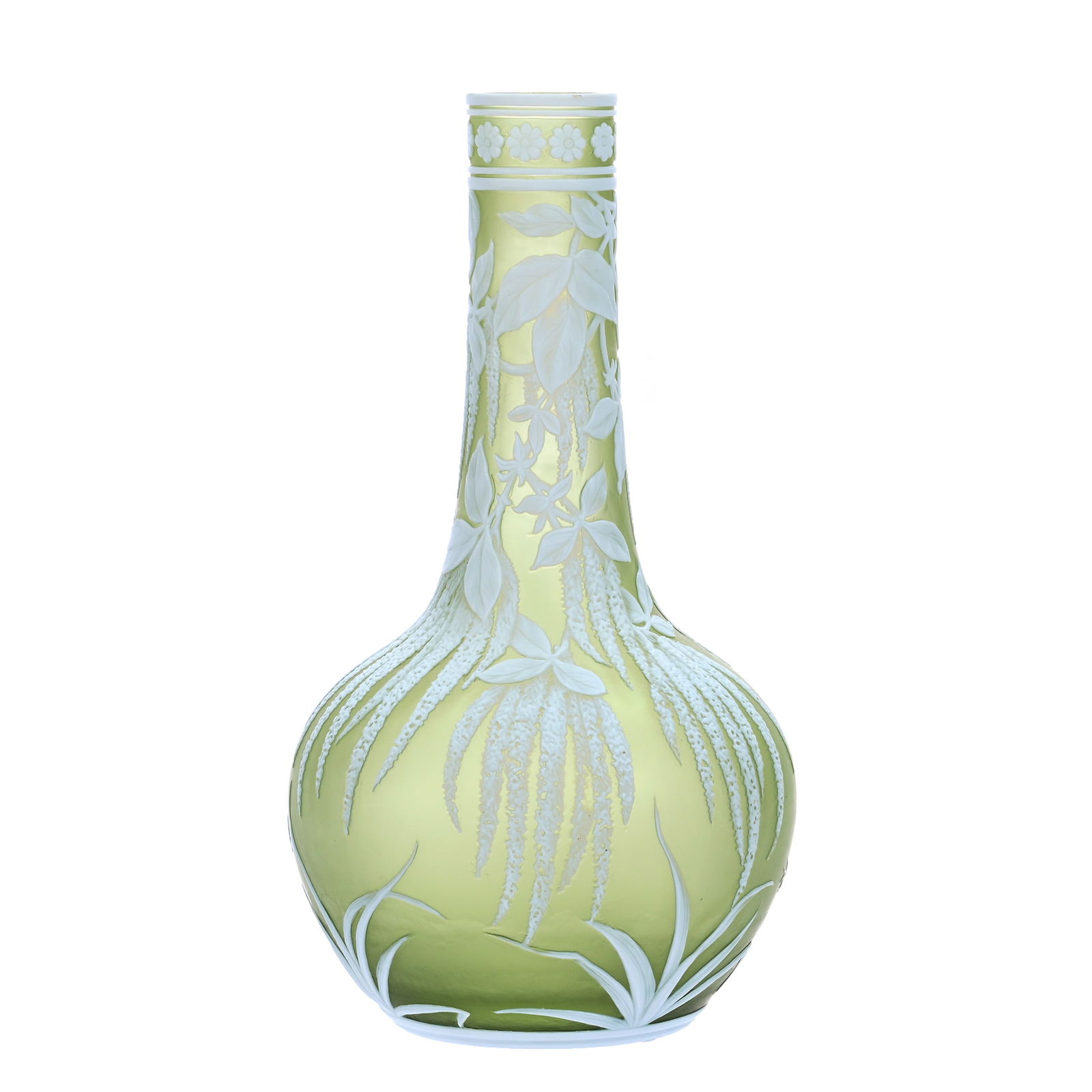 Vase, Signed Thomas Webb & Sons, English Cameo Art Glass : Vase, Signed Thomas Webb & Sons, English Cameo Art Glass , 7" x 3.75", Sea Green Background With Exceptional White Multi Floral Cutback Overlay, Very Nice Detail, Joan Steskal Collection, CA