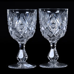 Pair Water Stems, American Brilliant Cut Glass,, Signed Libbey Imperial Pattern - Tear Drop Stem, Ra