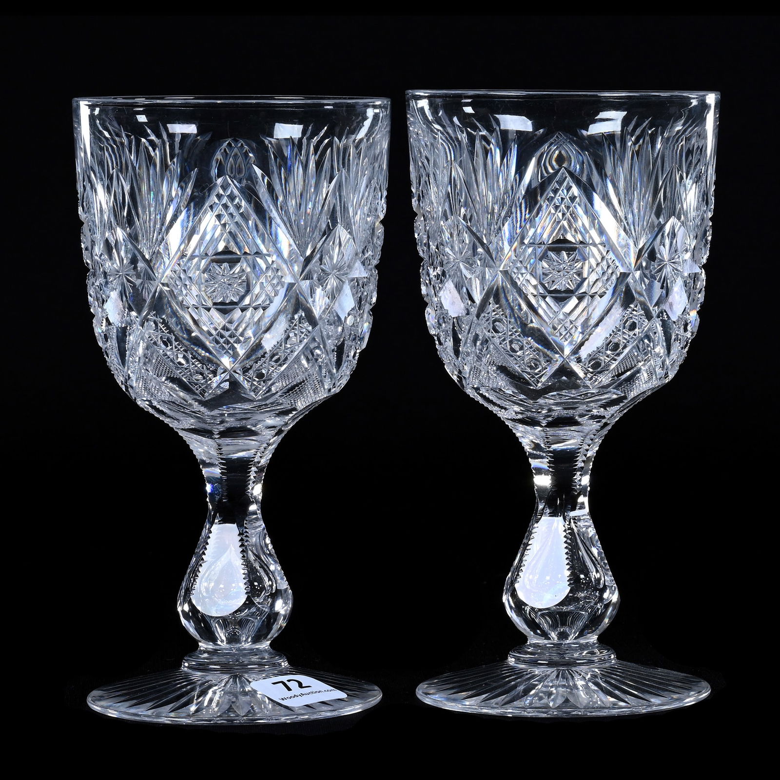 Pair Water Stems, American Brilliant Cut Glass,, Signed Libbey Imperial Pattern - Tear Drop Stem, Ra (1 of 3)