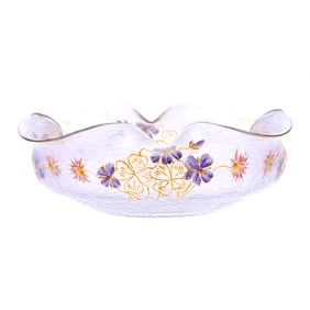 Square Bowl, Unmarked Loetz - Frost Iridescent With Enameled Violet Decor - Pattern Resembles Diaspo