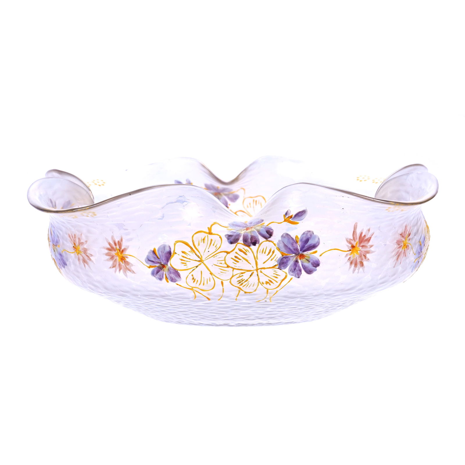 Square Bowl, Unmarked Loetz - Frost Iridescent With Enameled Violet Decor - Pattern Resembles Diaspo: Square Bowl, Unmarked Loetz - Frost Iridescent With Enameled Violet Decor - Pattern Resembles Diaspora, 3.25" x 9", , Ed Kukla Estate Collection, MI