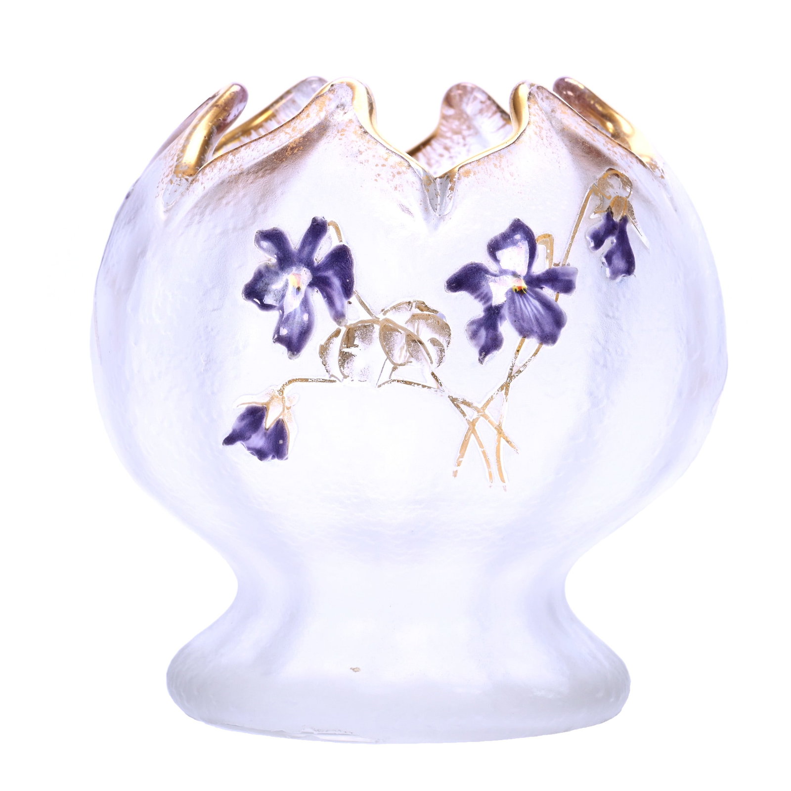 Vase, Unmarked Mont Joye Art Glass - Frosted Ground With Enameled Violet Decor: Vase, Unmarked Mont Joye Art Glass - Frosted Ground With Enameled Violet Decor, 4.75" x 4.5", , Ed Kukla Estate Collection, MI
