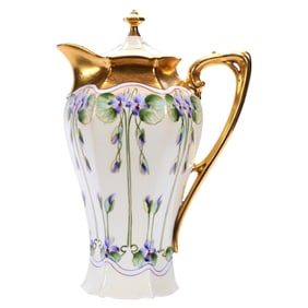 Chocolate Pot, Marked Pickard - Six Sided, Cream Tones With Violet Decor - Heavy Gold Trim