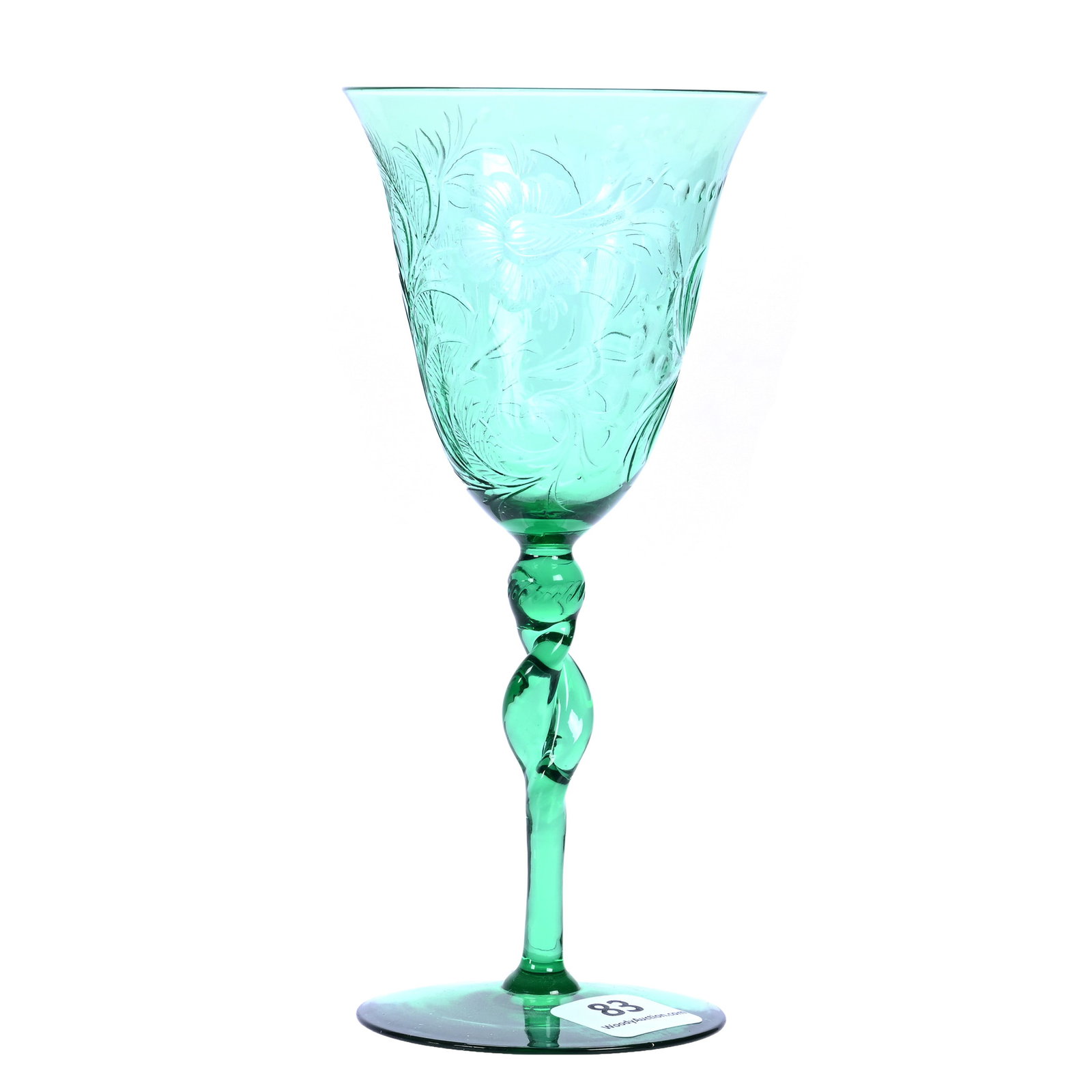 Wine Stem, ABCG, Signed Hawkes, Solid Green: Wine Stem, ABCG, Signed Hawkes, Solid Green, 6.125" x 2.75", Engraved Floral Decor, Twist Stem, Joan Steskal Collection, CA