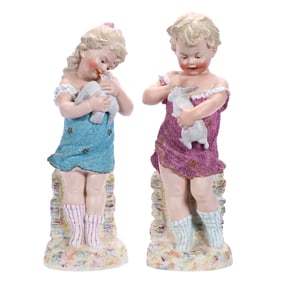 Pair Marked Heubach Bisque Figurines, Boy And Girl Holding Rabbit And Dove