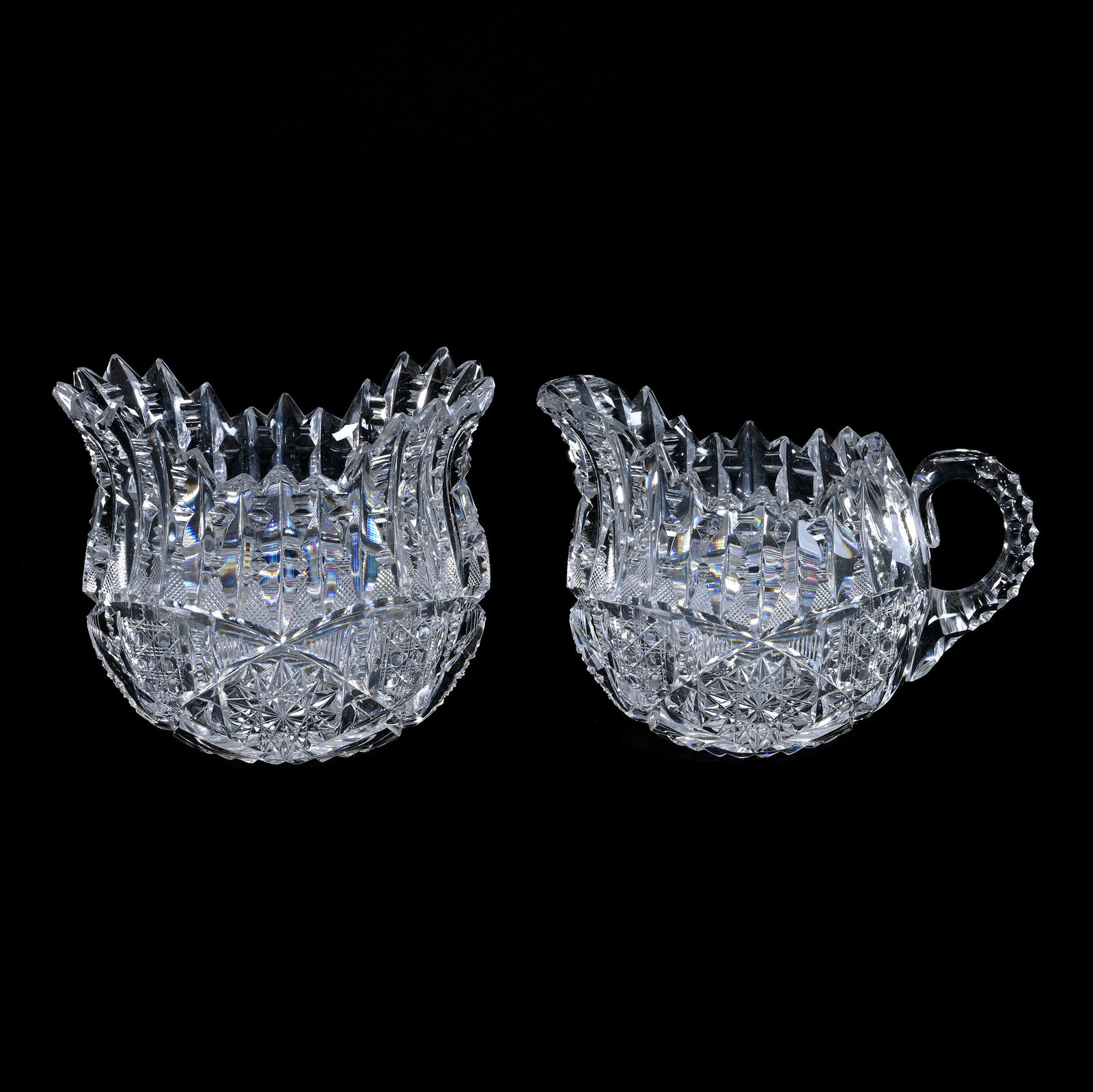 Creamer & Sugar, American Brilliant Cut Glass,, Signed Libbey Ellsmere Pattern: Creamer & Sugar, American Brilliant Cut Glass,, Signed Libbey Ellsmere Pattern, 4" x 5.5", Tooth On Sugar Polished, Ed Kukla Estate Collection, MI
