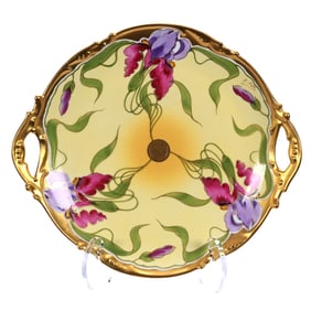 Two Handled Cake Plate, Marked Stouffer Studios, Handled Painted Iris Decor