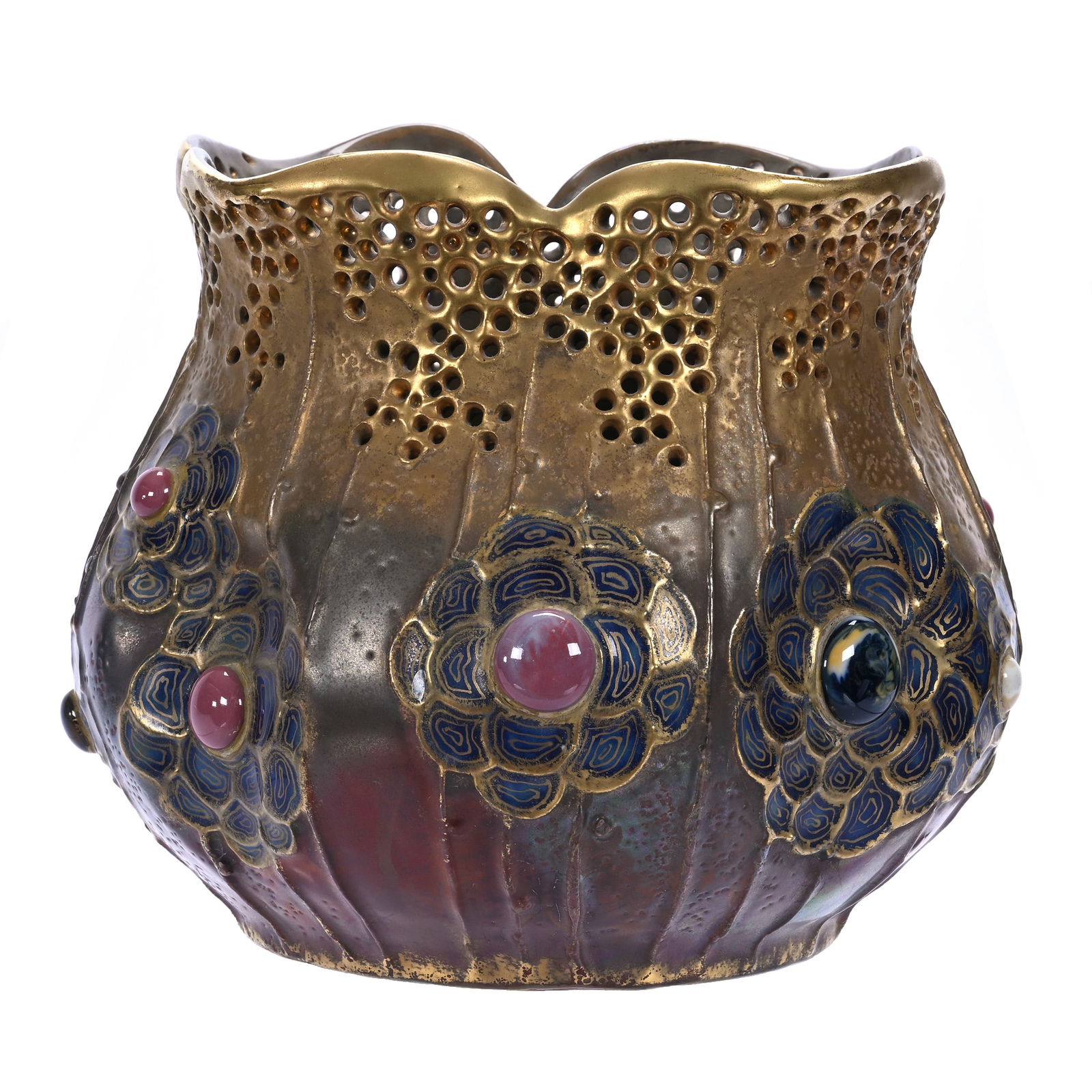 Vase Marked Amphora Austria, Maroon Iridescent And Gold Background: Vase Marked Amphora Austria, Maroon Iridescent And Gold Background, 6.75" x 7.5", Medallions And Colored Jewel Highlights, Joan Steskal Collection, CA