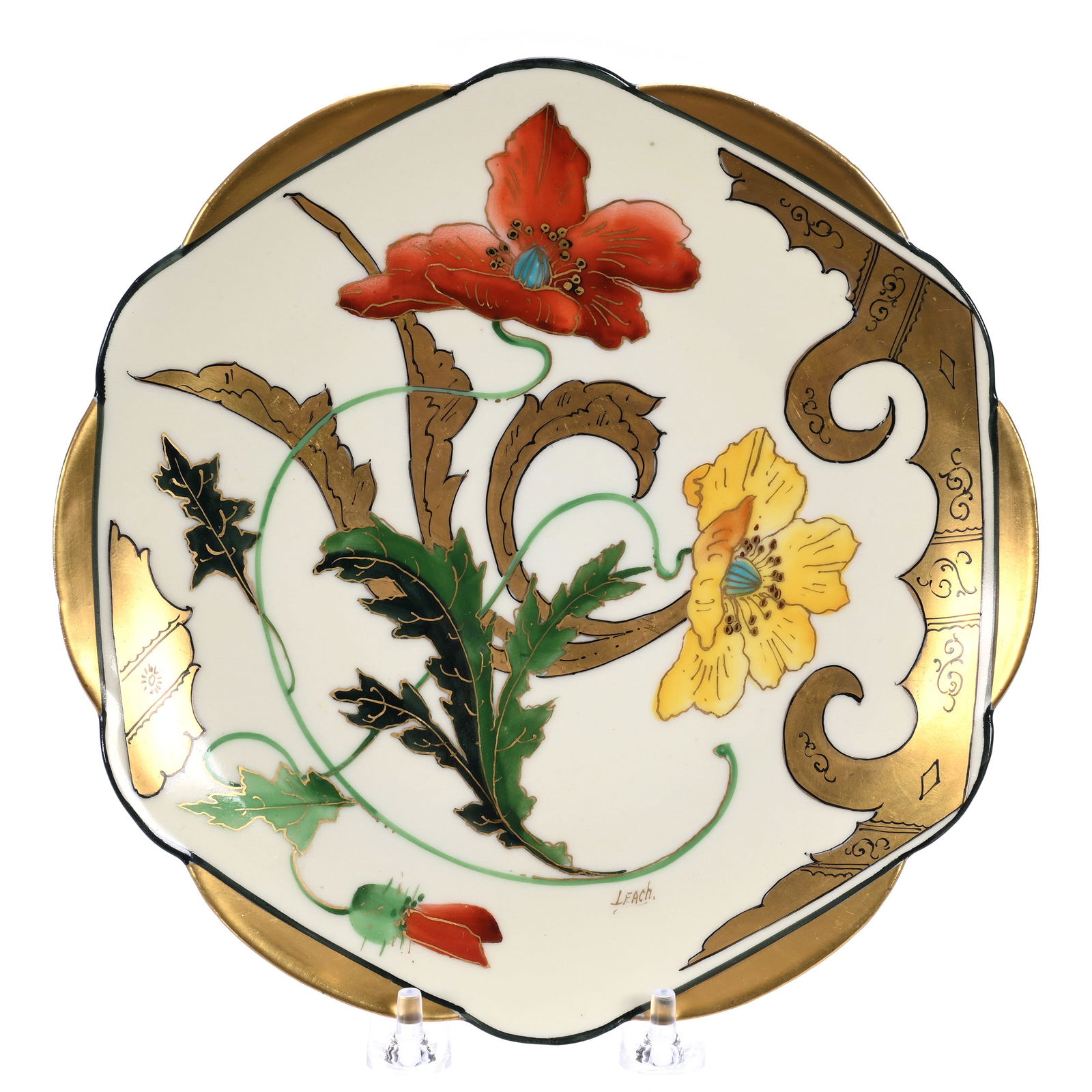 Plate, Marked Pickard, Hand Painted Poppy Decor With Heavy Gold Border Artist Signed Leach (1 of 3)