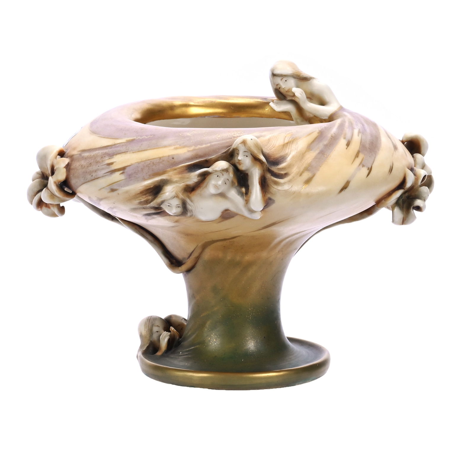 Figural Vase Marked Turn Teplitz Austria, Also Marked Amphora: Figural Vase Marked Turn Teplitz Austria, Also Marked Amphora, 6.5" x 8.25", Image Of Six Women In Water With Floral Highlights, Joan Steskal Collection, CA