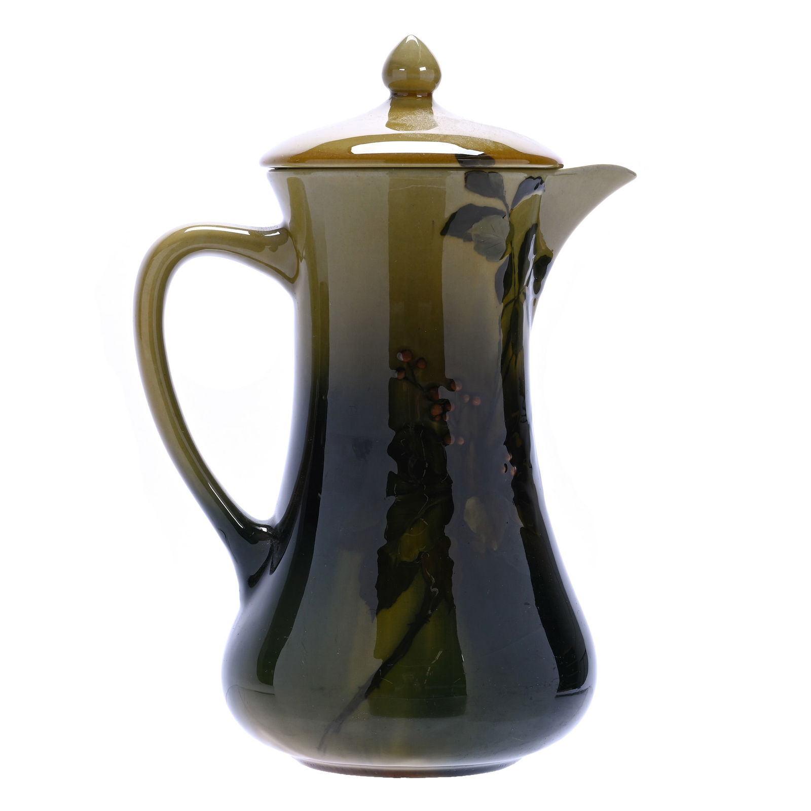 Chocolate Pot Marked Rookwood #343S Art Pottery, Dated 1890: Chocolate Pot Marked Rookwood #343S Art Pottery, Dated 1890, 9" x 6", Green Tones With Branch, Berry And Leaf Decor, Pattern Matched Lid, Artist Signed Amelia B. Sprague, Ed Kukla Estate Collection, M