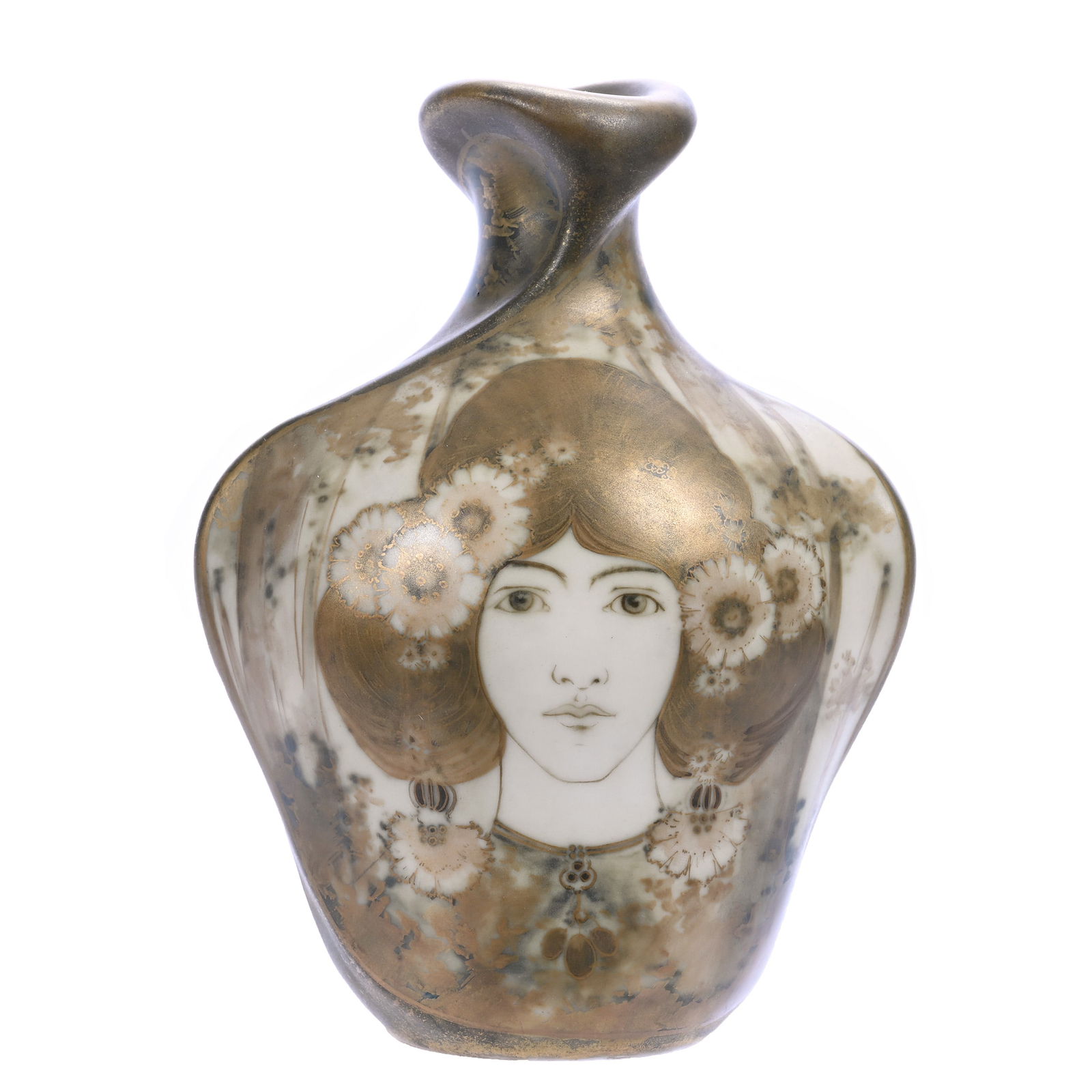 Vase Marked Turn Teplitz Austria Amphora, Portrait Of Young Woman, Forest Background: Vase Marked Turn Teplitz Austria Amphora, Portrait Of Young Woman, Forest Background, 6.75" x 5" x 3.25", , Joan Steskal Collection, CA