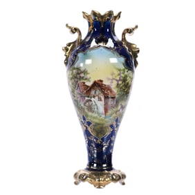 Vase, Two Handles, Marked R. S. Prussia, Mill Scenic Decor, Cobalt Blue Border