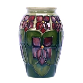 Vase, Marked Moorcroft Art Pottery - Green Tones With Lavender Floral Decor