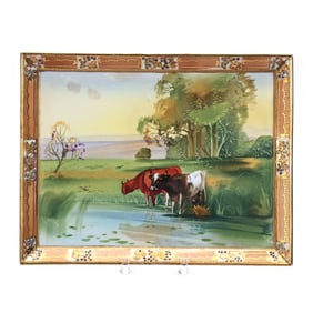 Dresser Tray Marked Nippon, Scenic Decor Of Cattle At Watering Hole