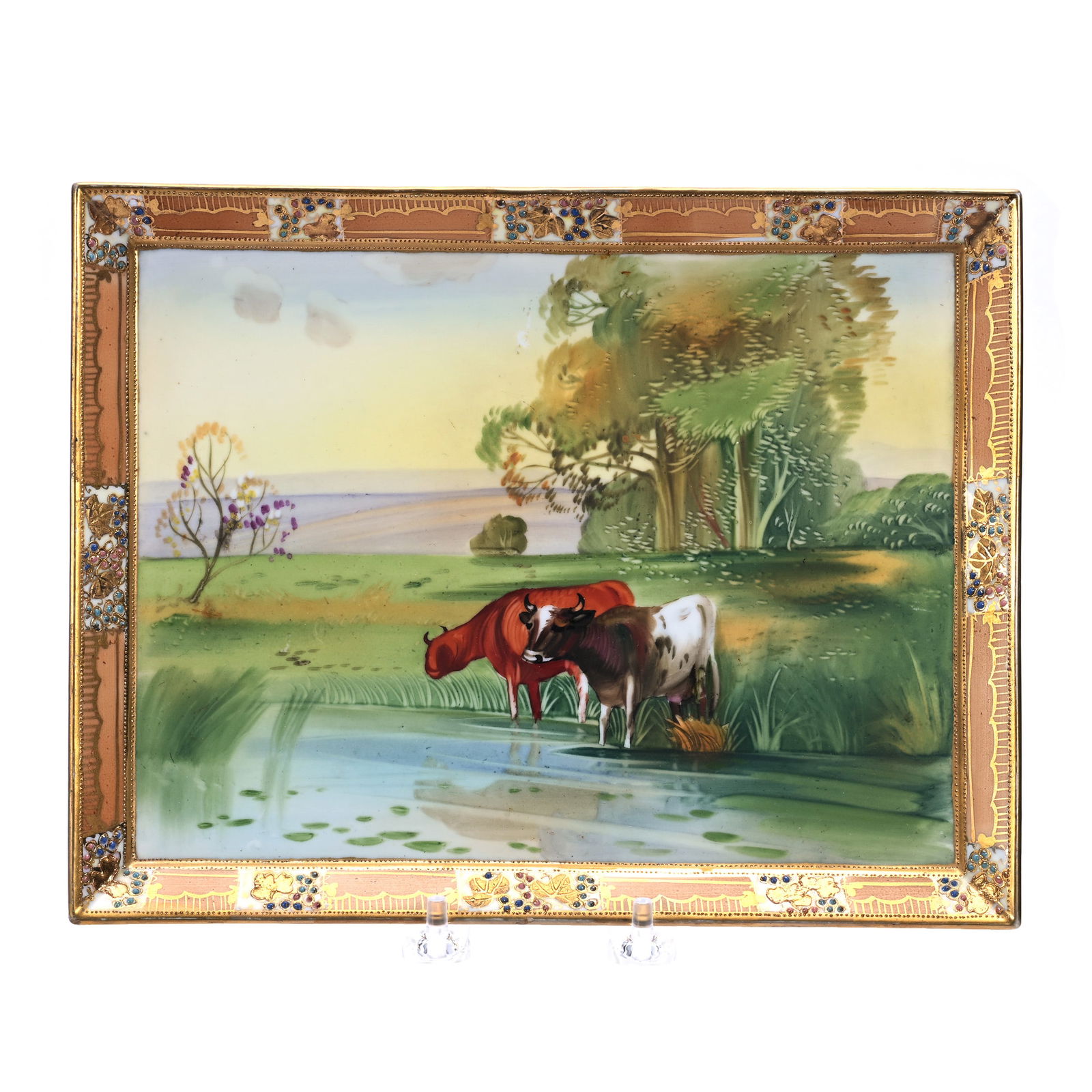 Dresser Tray Marked Nippon, Scenic Decor Of Cattle At Watering Hole: Dresser Tray Marked Nippon, Scenic Decor Of Cattle At Watering Hole, 8" x 10.25", , Joan Steskal Collection, CA