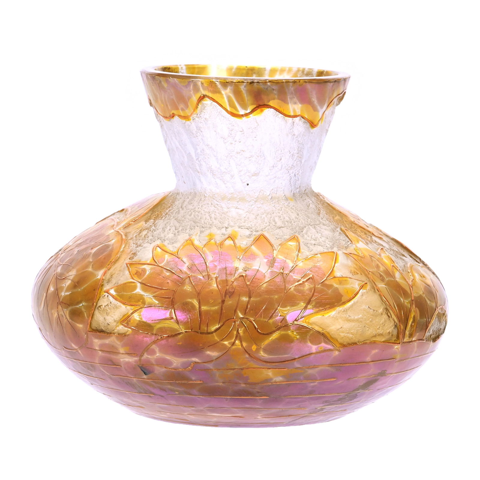 Vase, Unmarked Loetz Austria Art Glass With Acid Cut Floral Decor: Vase, Unmarked Loetz Austria Art Glass With Acid Cut Floral Decor, 4" x 4.75", Gold Oilspot Design With Yellow Enamel Highlights, Joan Steskal Collection, CA