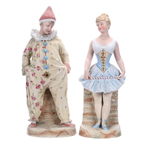 Pair Figurines, Marked Heubach German Bisque Figurines Featuring Dancer & Clown