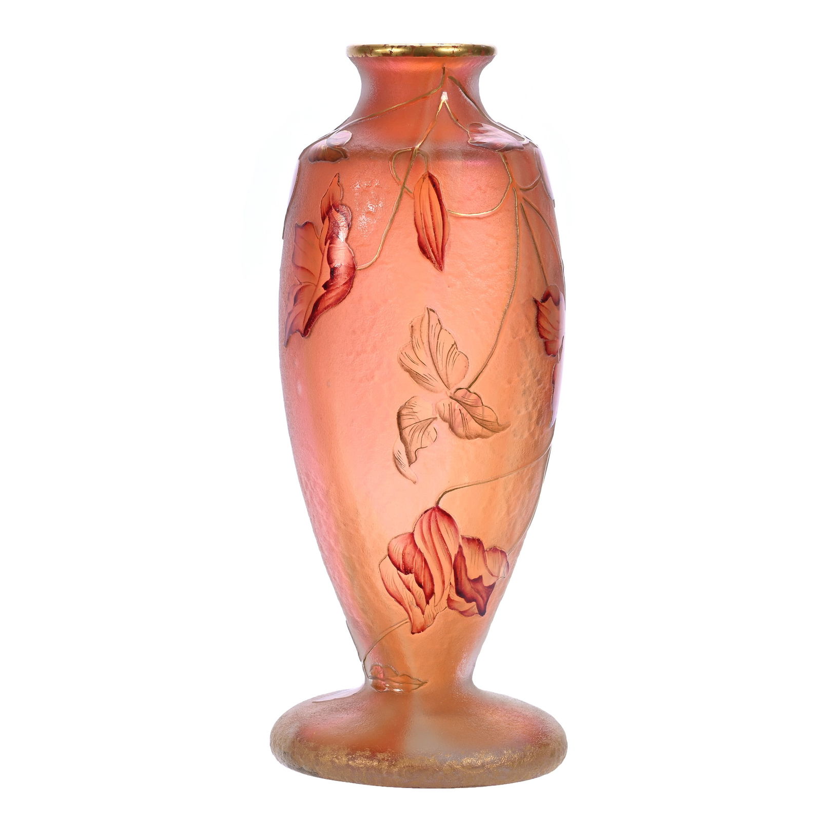 Pedestal Vase Signed Daum Nancy French Cameo Art Glass: Pedestal Vase Signed Daum Nancy French Cameo Art Glass, 5.75" x 2.25", Pink And White Striped Ground With Cameo Carved Floral Overlay And Enamel Highlights, Manufacturer's Line Flaw In Base, Joan Stes
