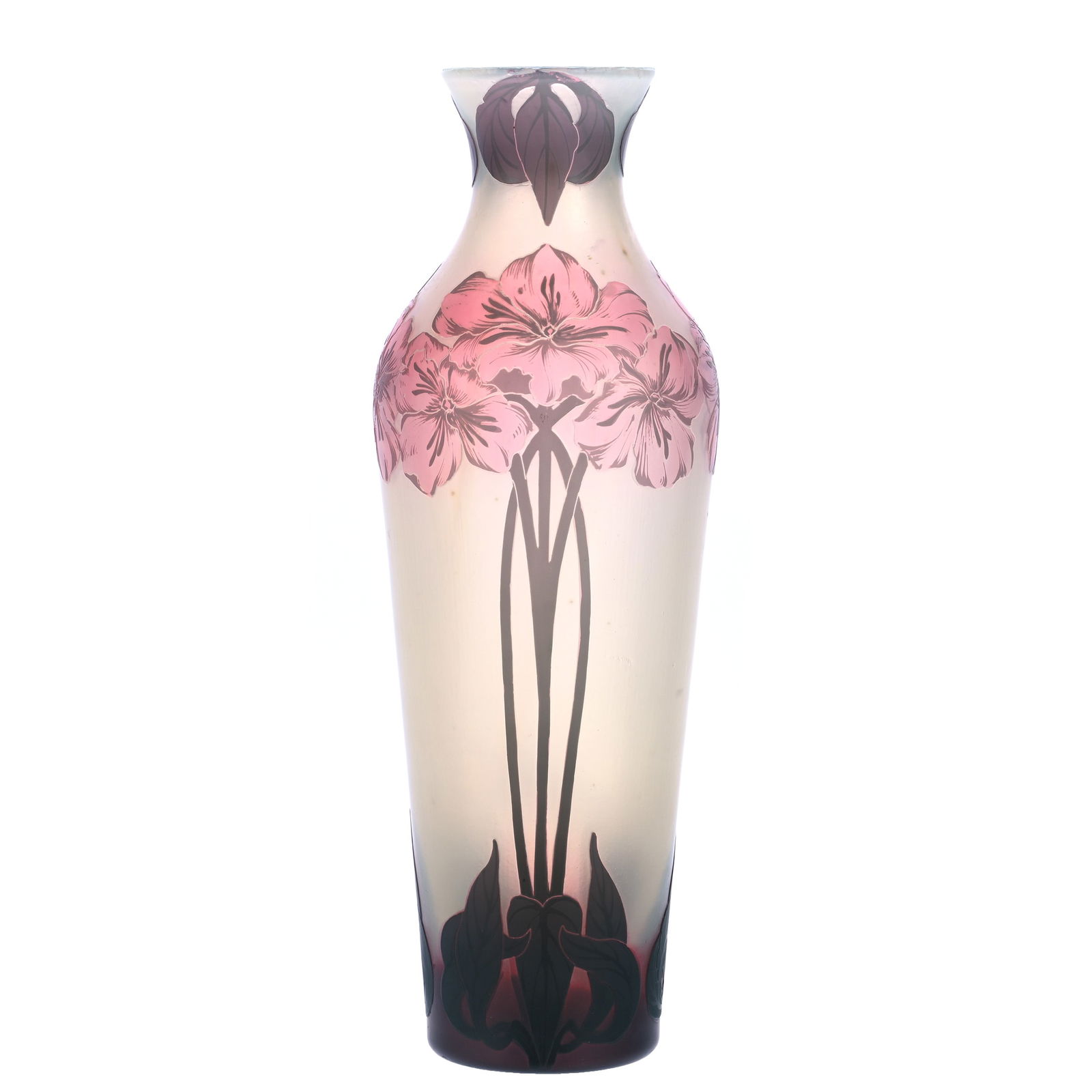 Vase, Signed De Vez, French Cameo Art Glass: Vase, Signed De Vez, French Cameo Art Glass, 12" x 4.25", Translucent Background With Cranberry And Amethyst Cutback Floral Decor, Private Illinois Collection