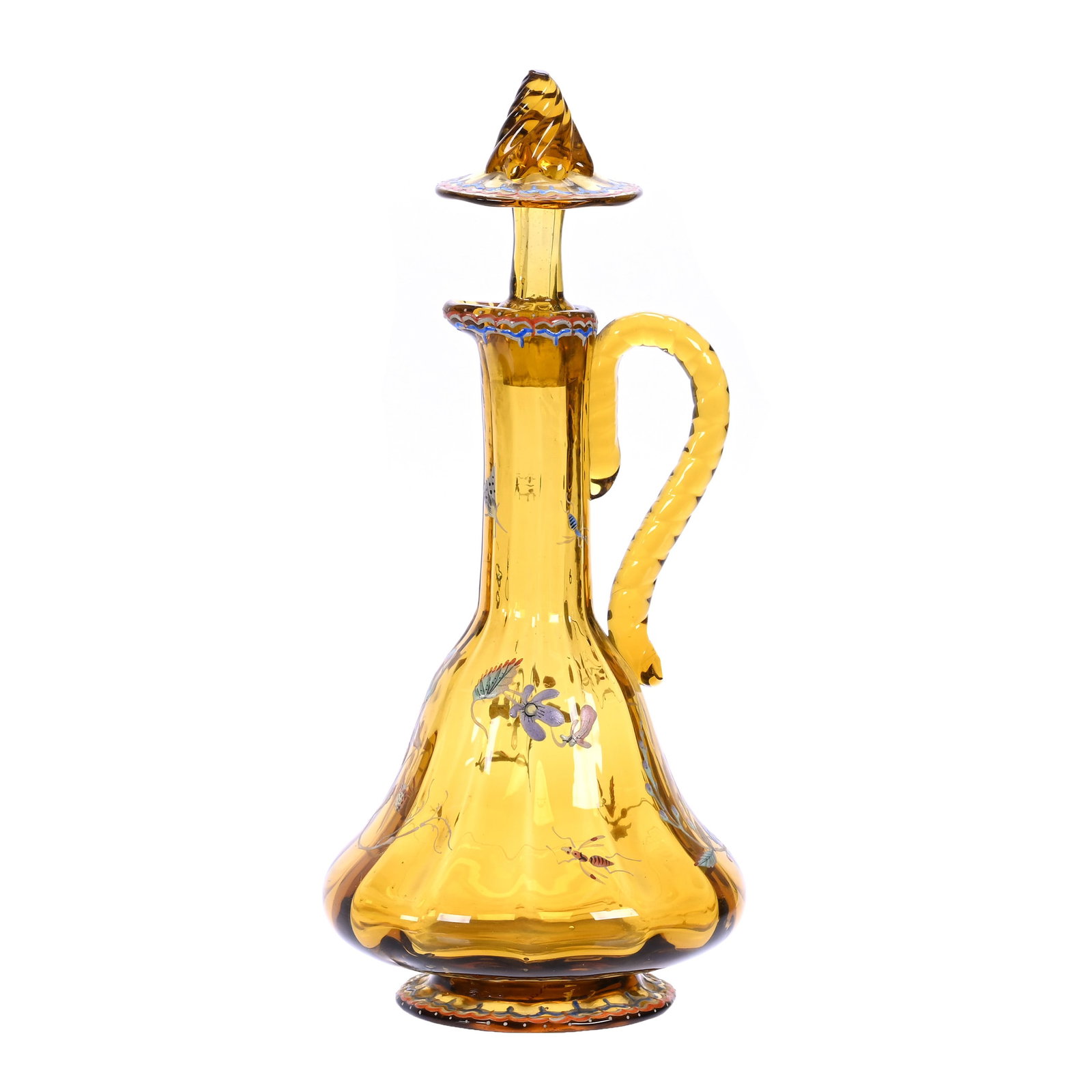 Cordial Decanter Signed Emile Galle French Art Glass: Cordial Decanter Signed Emile Galle French Art Glass, 8" x 3.75", Solid Amber With Colorful Enamel Insect, Floral And Berry Decor, Pattern Matched Stopper, Joan Steskal Collection, CA